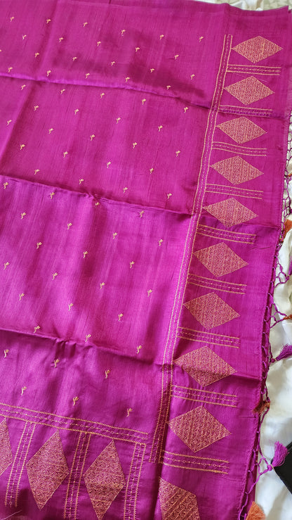 Look festive ready in this premium semi raw silk designer saree with beautiful copper zari embroidery | Magenta | P16