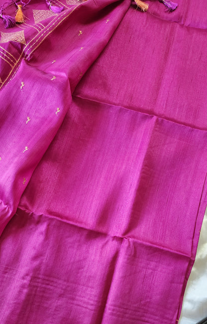 Look festive ready in this premium semi raw silk designer saree with beautiful copper zari embroidery | Magenta | P16