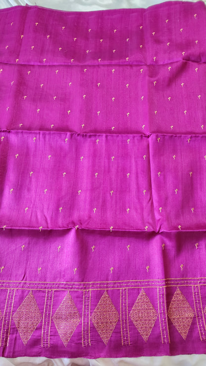 Look festive ready in this premium semi raw silk designer saree with beautiful copper zari embroidery | Magenta | P16