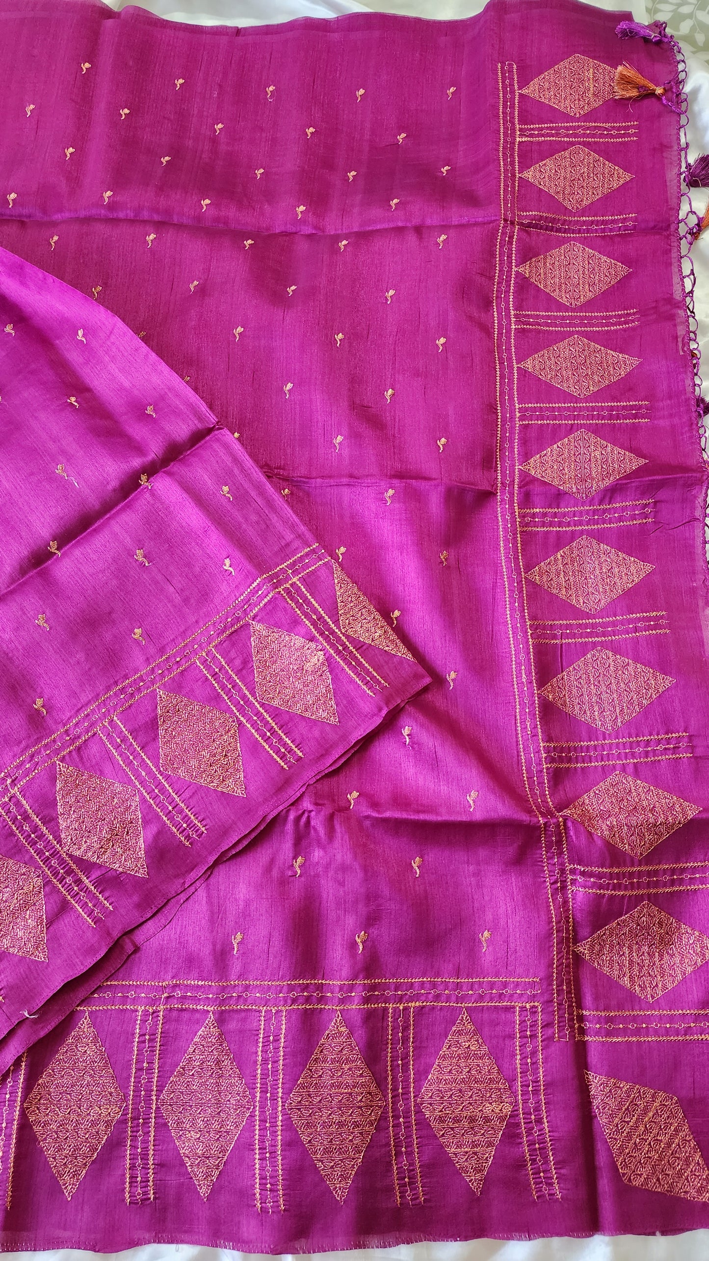 Look festive ready in this premium semi raw silk designer saree with beautiful copper zari embroidery | Magenta | P16