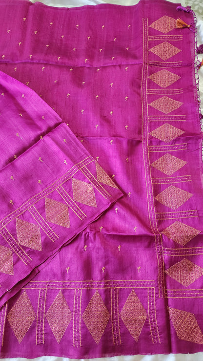 Look festive ready in this premium semi raw silk designer saree with beautiful copper zari embroidery | Magenta | P16