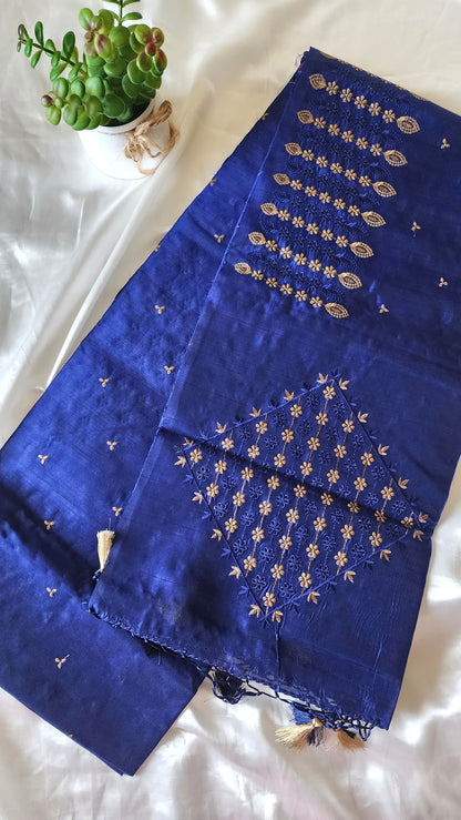 Semi raw silk designer saree with cut work borders and embroidery | Dark Blue | DY5