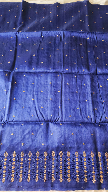 Semi raw silk designer saree with cut work borders and embroidery | Dark Blue | DY5