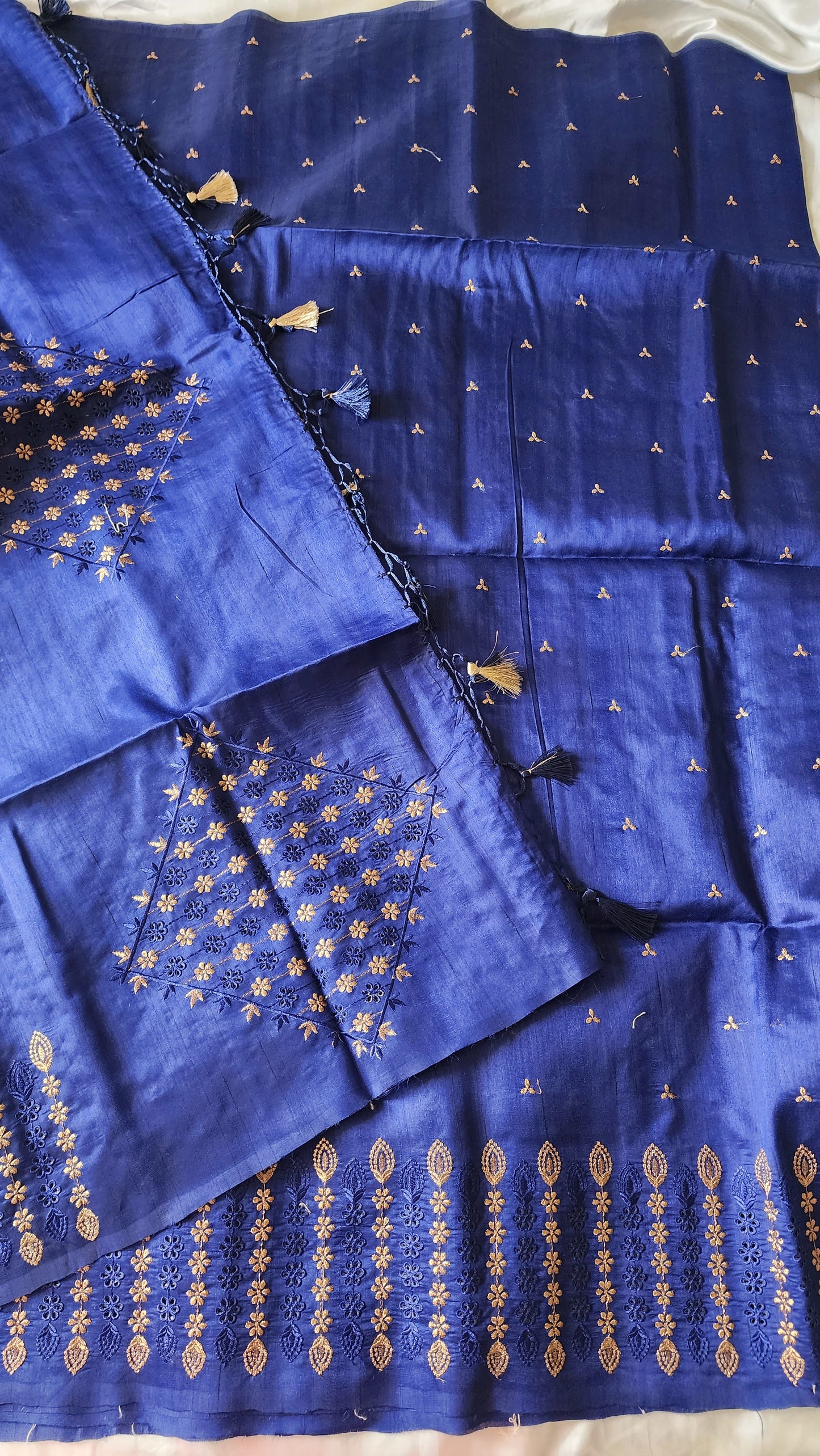 Semi raw silk designer saree with cut work borders and embroidery | Dark Blue | DY5