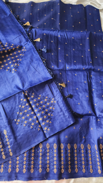 Semi raw silk designer saree with cut work borders and embroidery | Dark Blue | DY5