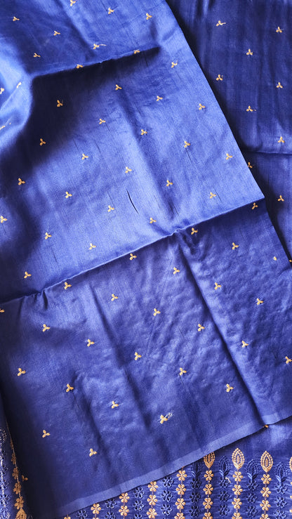 Semi raw silk designer saree with cut work borders and embroidery | Dark Blue | DY5