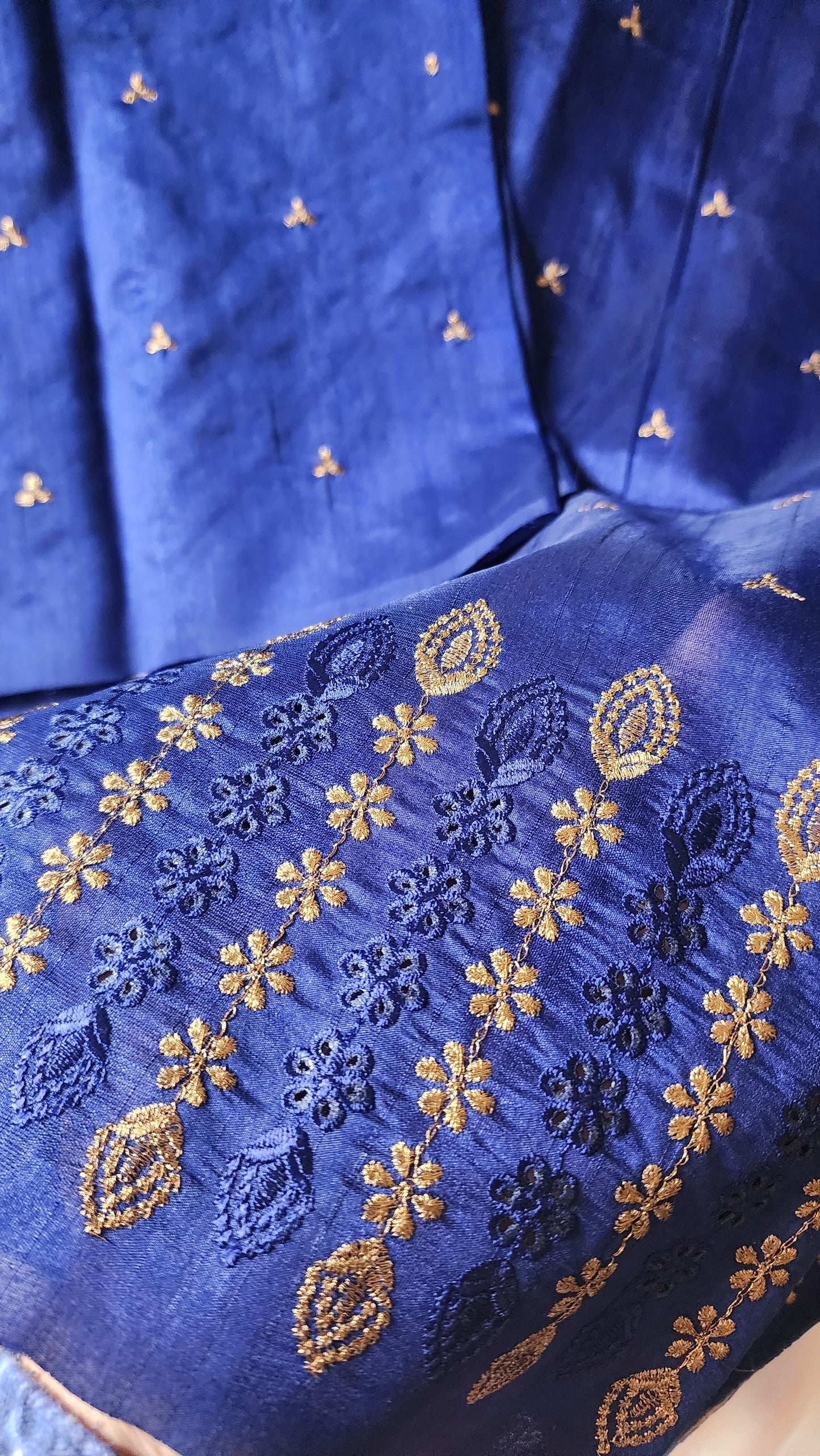 Semi raw silk designer saree with cut work borders and embroidery | Dark Blue | DY5