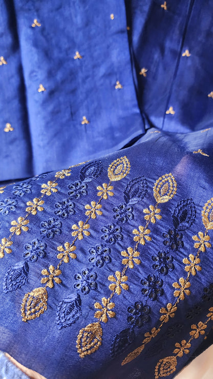 Semi raw silk designer saree with cut work borders and embroidery | Dark Blue | DY5