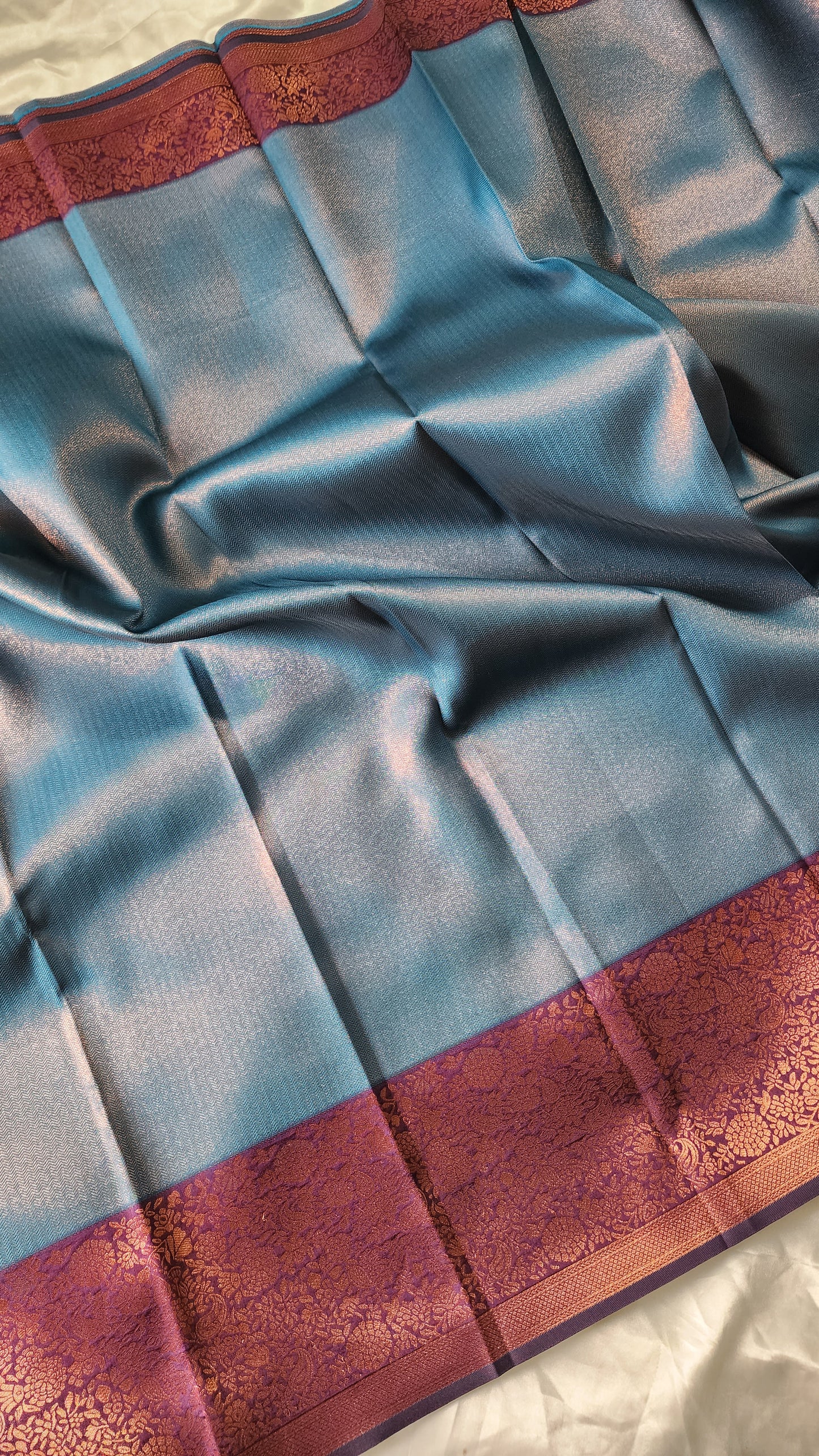 Copper zari woven semi kancheevaram  saree with contrast border and blouse | Peacock blue with purple border | SS124