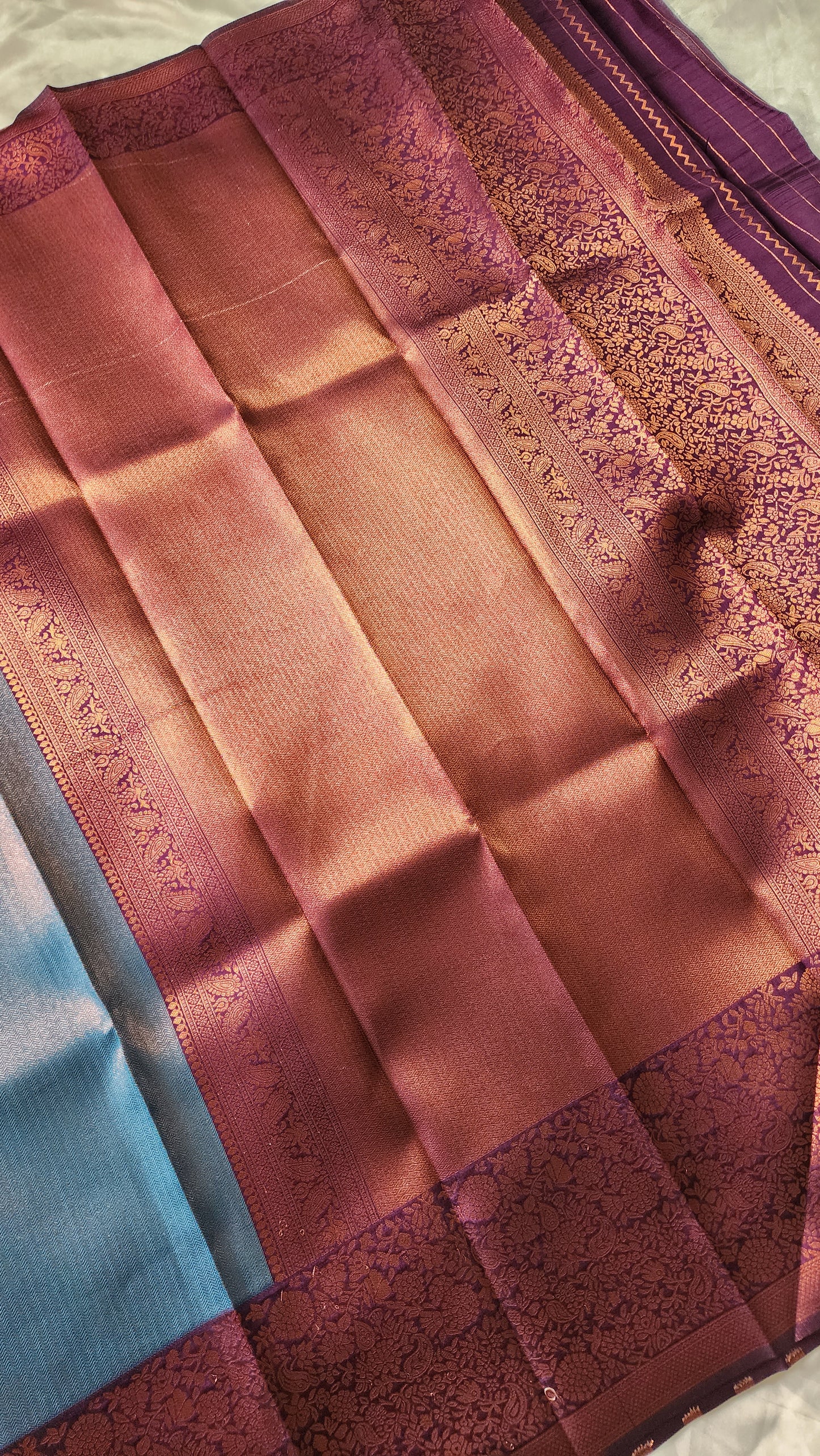 Copper zari woven semi kancheevaram  saree with contrast border and blouse | Peacock blue with purple border | SS124