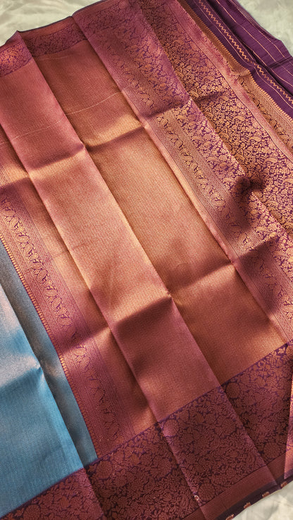 Copper zari woven semi kancheevaram  saree with contrast border and blouse | Peacock blue with purple border | SS124