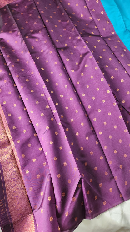 Copper zari woven semi kancheevaram  saree with contrast border and blouse | Peacock blue with purple border | SS124