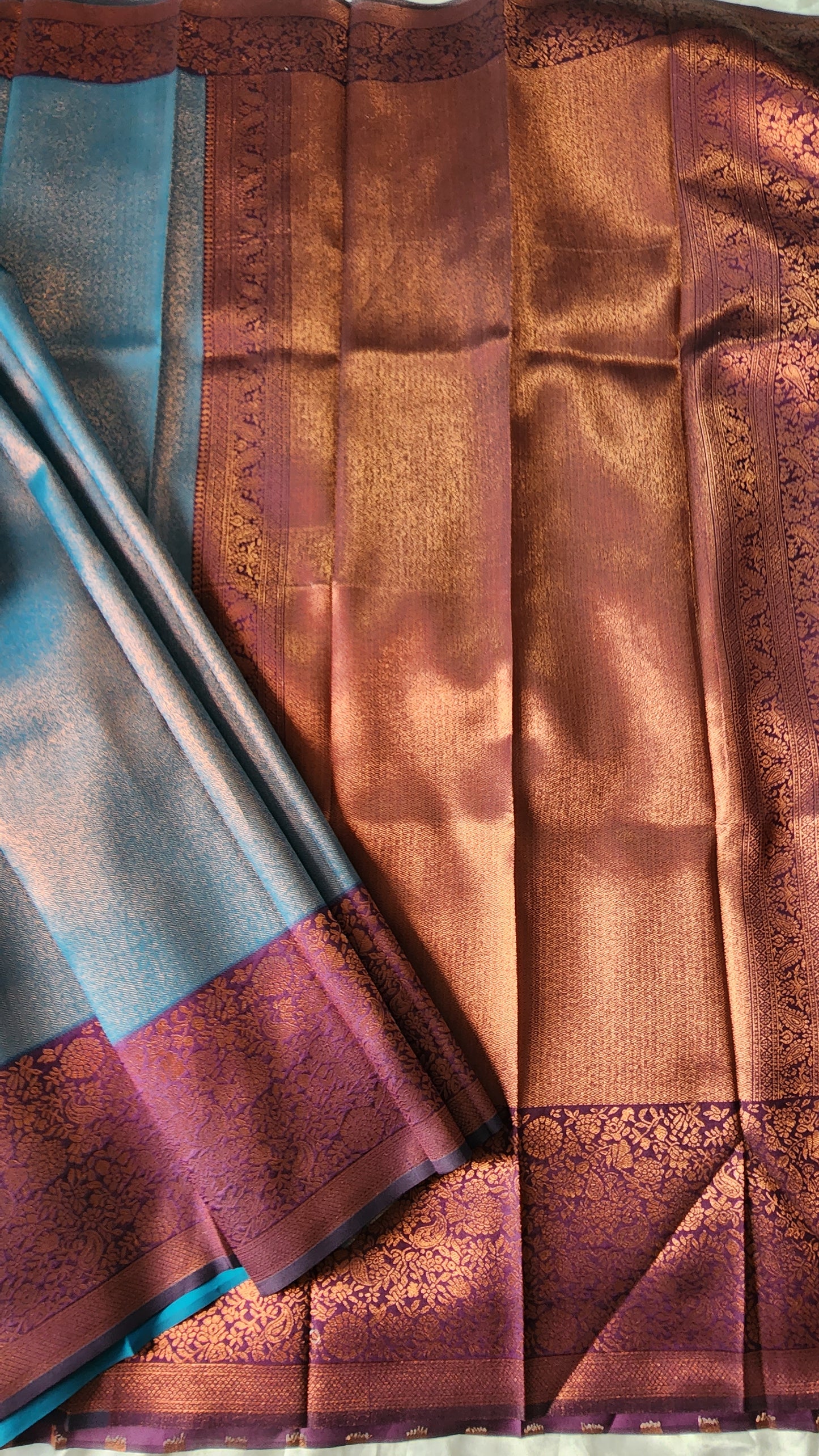 Copper zari woven semi kancheevaram  saree with contrast border and blouse | Peacock blue with purple border | SS124