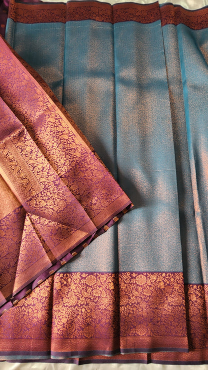 Copper zari woven semi kancheevaram  saree with contrast border and blouse | Peacock blue with purple border | SS124