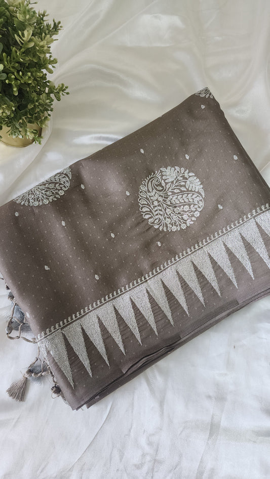 Semi soft silk saree with silver zari embroidery | Mauve grey  | MS112