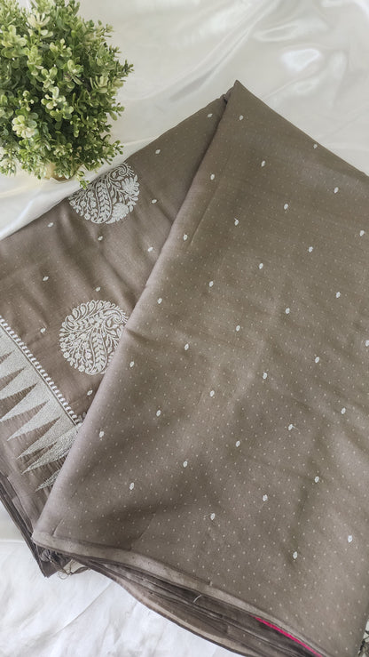 Semi soft silk saree with silver zari embroidery | Mauve grey  | MS112