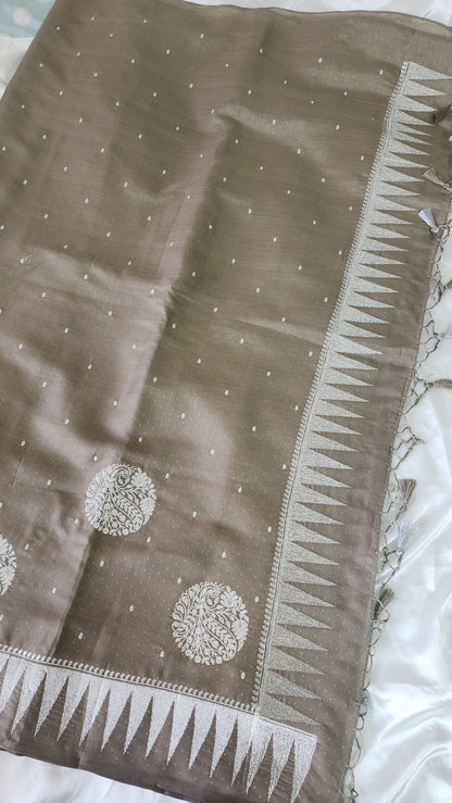 Semi soft silk saree with silver zari embroidery | Mauve grey  | MS112