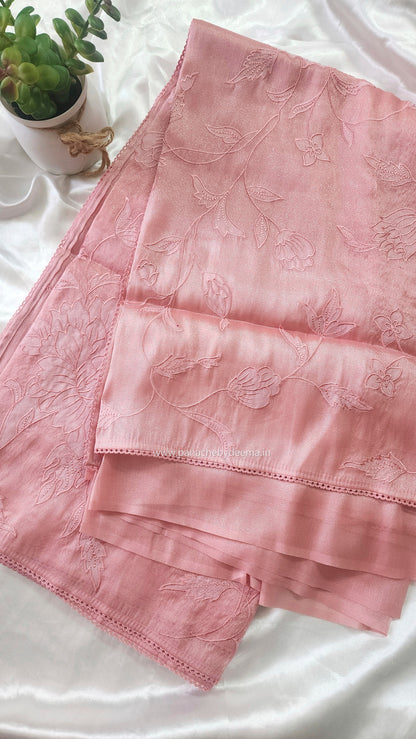 Soft chandaniya saree with  applique work | Peach |CO2