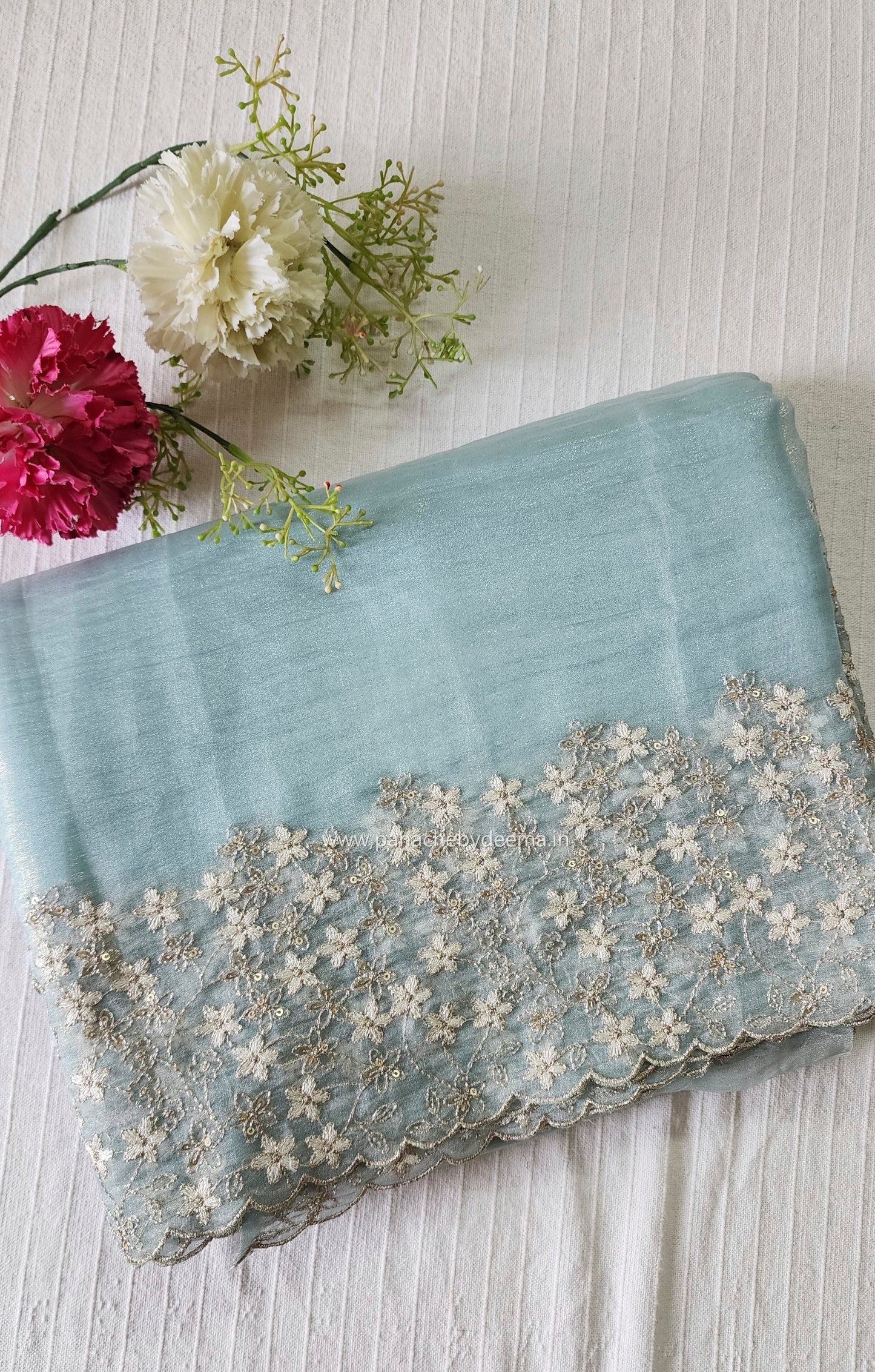 Crushed tissue organza saree with embroidery and scalloped borders | Blue| GL7