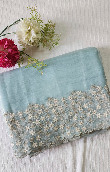 Crushed tissue organza saree with embroidery and scalloped borders | Blue| GL7