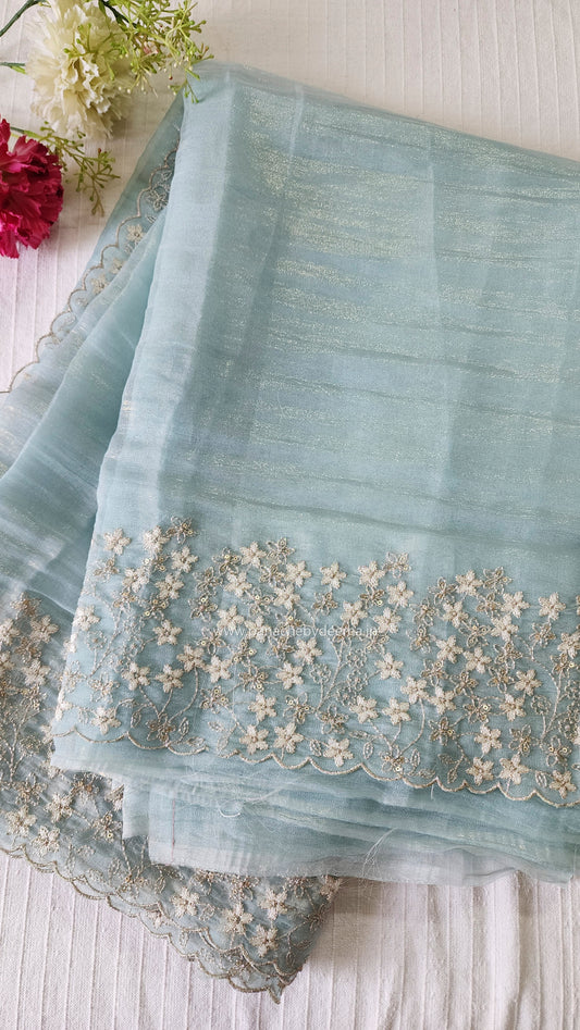 Crushed tissue organza saree with embroidery and scalloped borders | Blue| GL7
