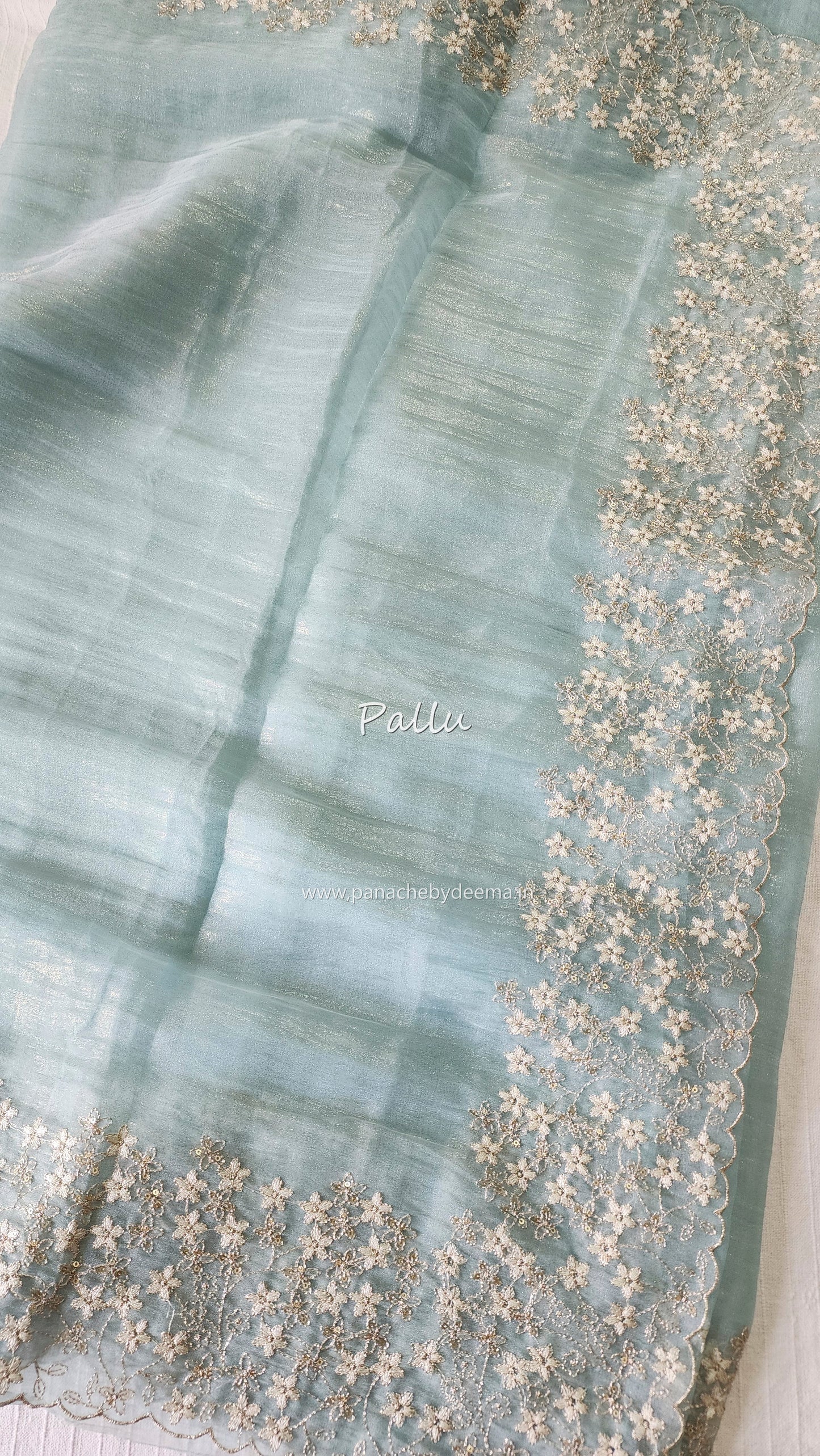 Crushed tissue organza saree with embroidery and scalloped borders | Blue| GL7