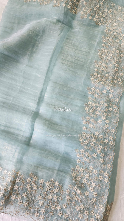 Crushed tissue organza saree with embroidery and scalloped borders | Blue| GL7