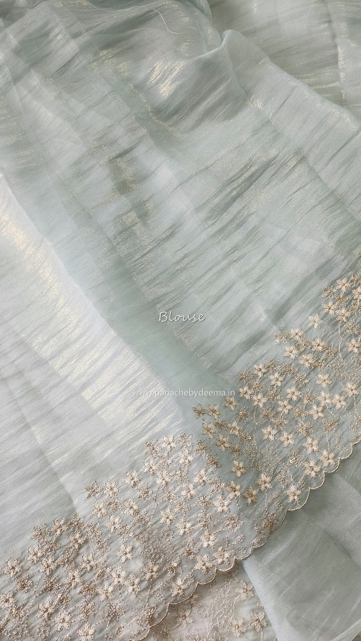 Crushed tissue organza saree with embroidery and scalloped borders | Blue| GL7