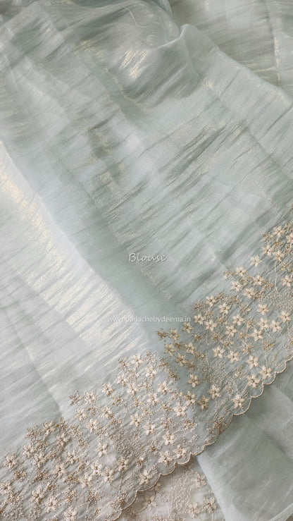 Crushed tissue organza saree with embroidery and scalloped borders | Blue| GL7