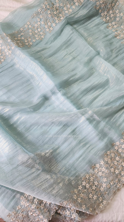 Crushed tissue organza saree with embroidery and scalloped borders | Blue| GL7
