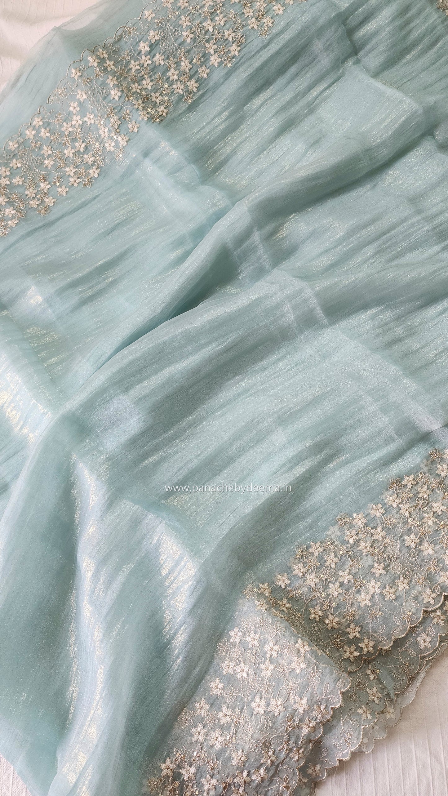 Crushed tissue organza saree with embroidery and scalloped borders | Blue| GL7