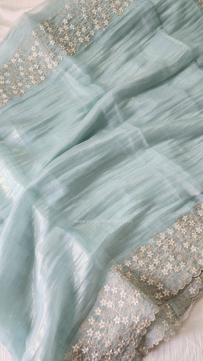 Crushed tissue organza saree with embroidery and scalloped borders | Blue| GL7
