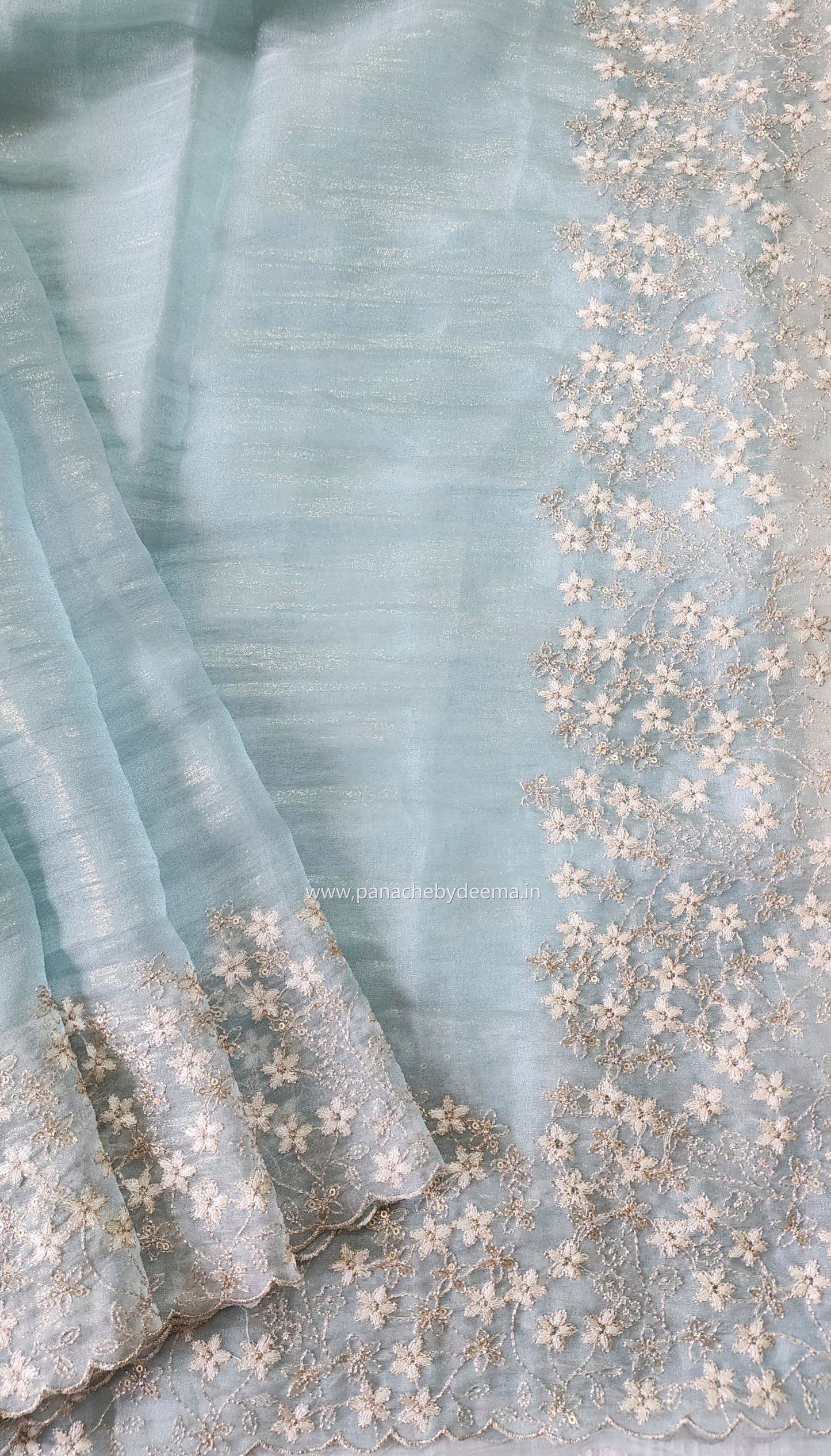 Crushed tissue organza saree with embroidery and scalloped borders | Blue| GL7