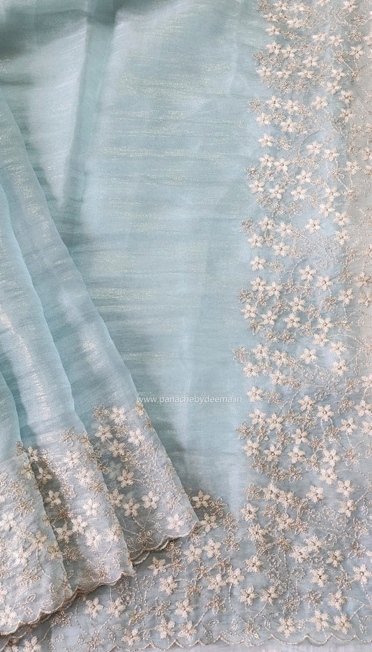 Crushed tissue organza saree with embroidery and scalloped borders | Blue| GL7