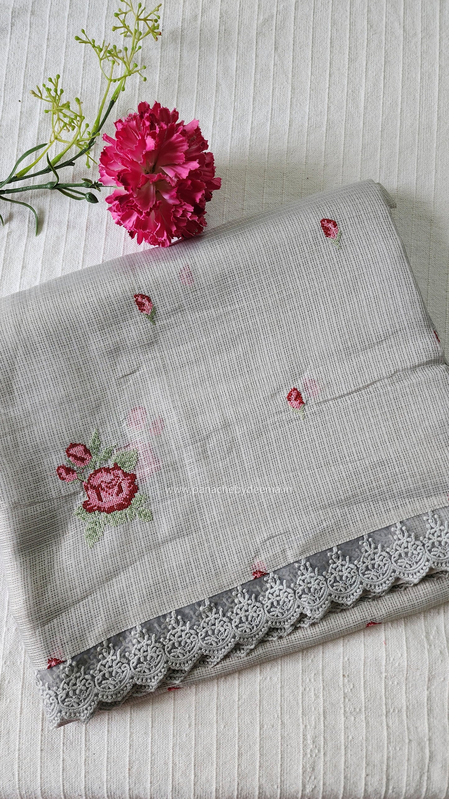 Siky Kota saree with cross stitch embroidery and lace detailed borders|Light grey |SL4