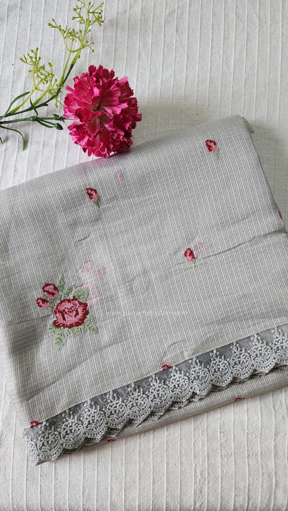 Siky Kota saree with cross stitch embroidery and lace detailed borders|Light grey |SL4