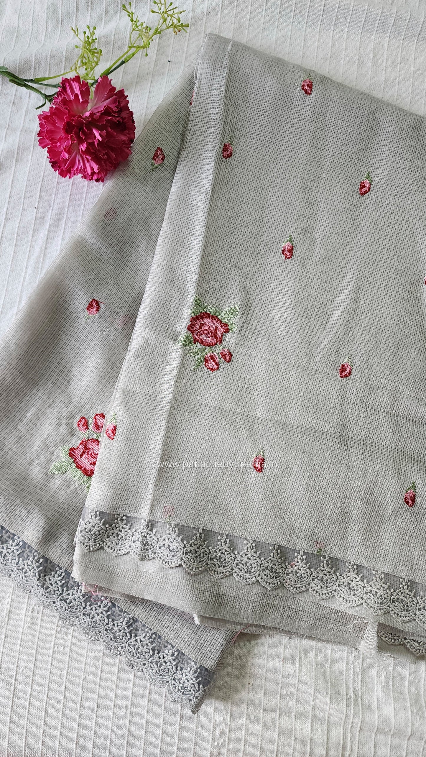 Siky Kota saree with cross stitch embroidery and lace detailed borders|Light grey |SL4