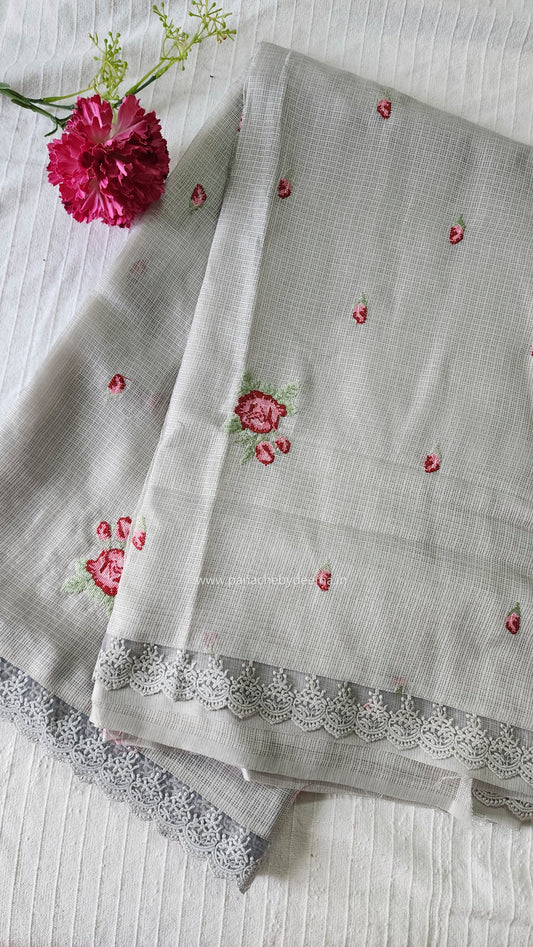 Siky Kota saree with cross stitch embroidery and lace detailed borders|Light grey |SL4