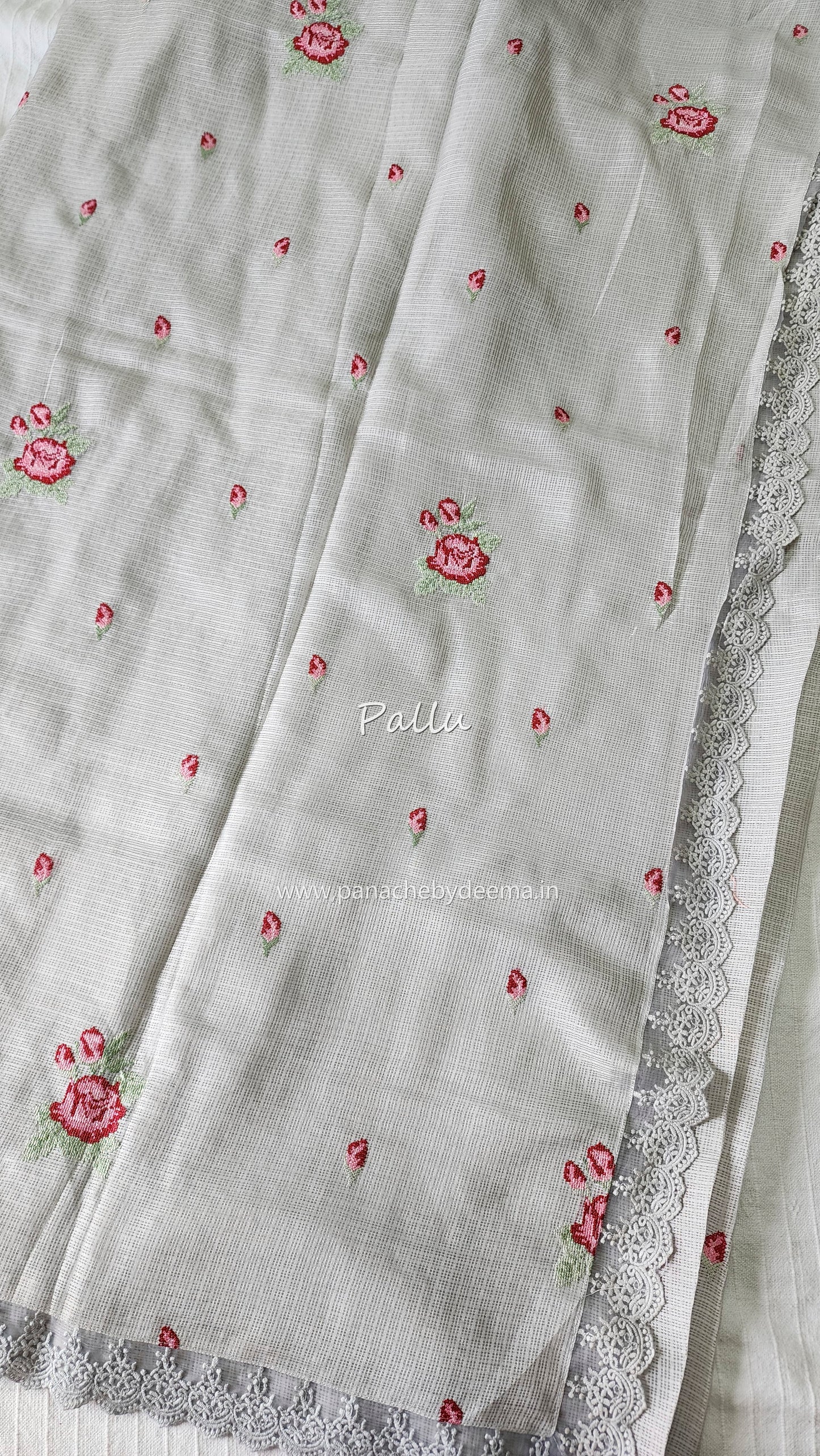 Siky Kota saree with cross stitch embroidery and lace detailed borders|Light grey |SL4