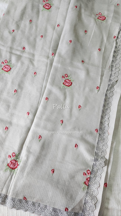 Siky Kota saree with cross stitch embroidery and lace detailed borders|Light grey |SL4