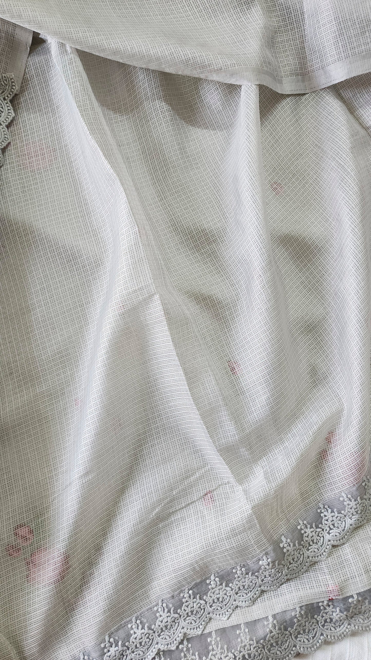 Siky Kota saree with cross stitch embroidery and lace detailed borders|Light grey |SL4