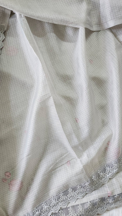 Siky Kota saree with cross stitch embroidery and lace detailed borders|Light grey |SL4