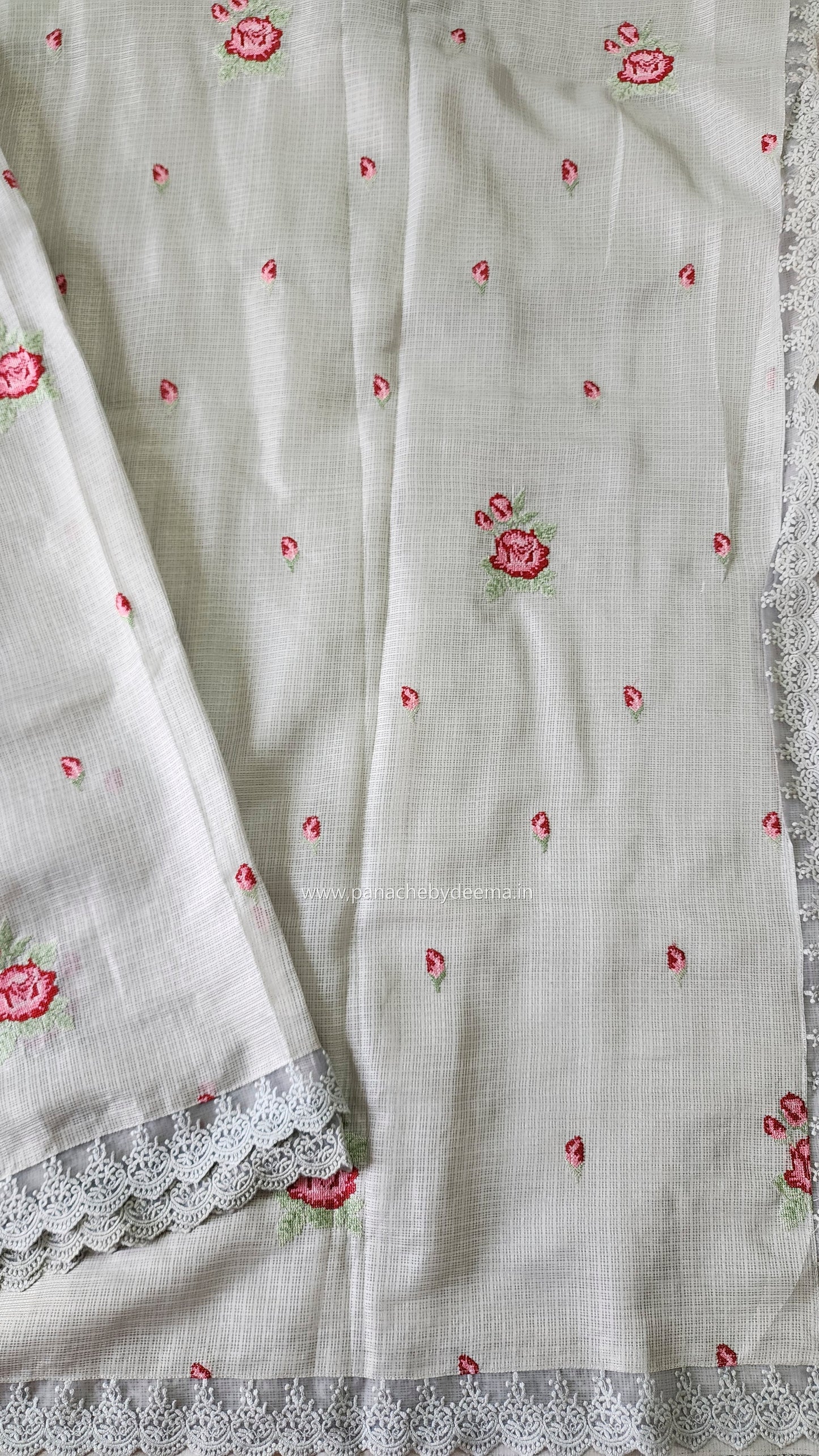 Siky Kota saree with cross stitch embroidery and lace detailed borders|Light grey |SL4