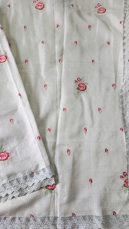 Siky Kota saree with cross stitch embroidery and lace detailed borders|Light grey |SL4