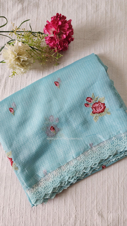 Silky Kota saree with cross stitch embroidery and lace detailed borders|Ice blue|SL3