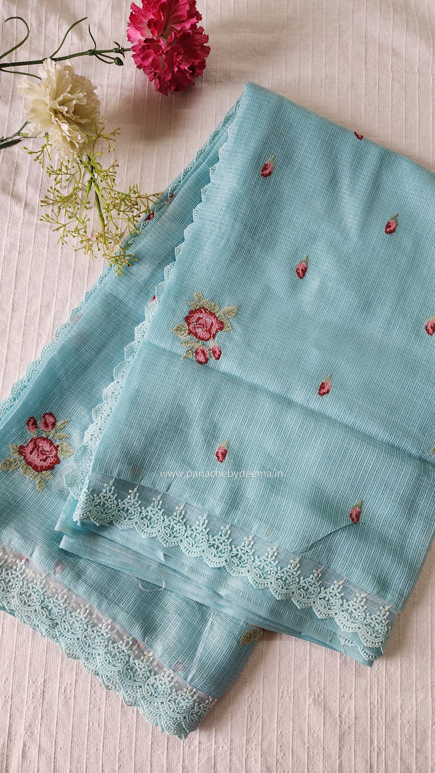 Silky Kota saree with cross stitch embroidery and lace detailed borders|Ice blue|SL3