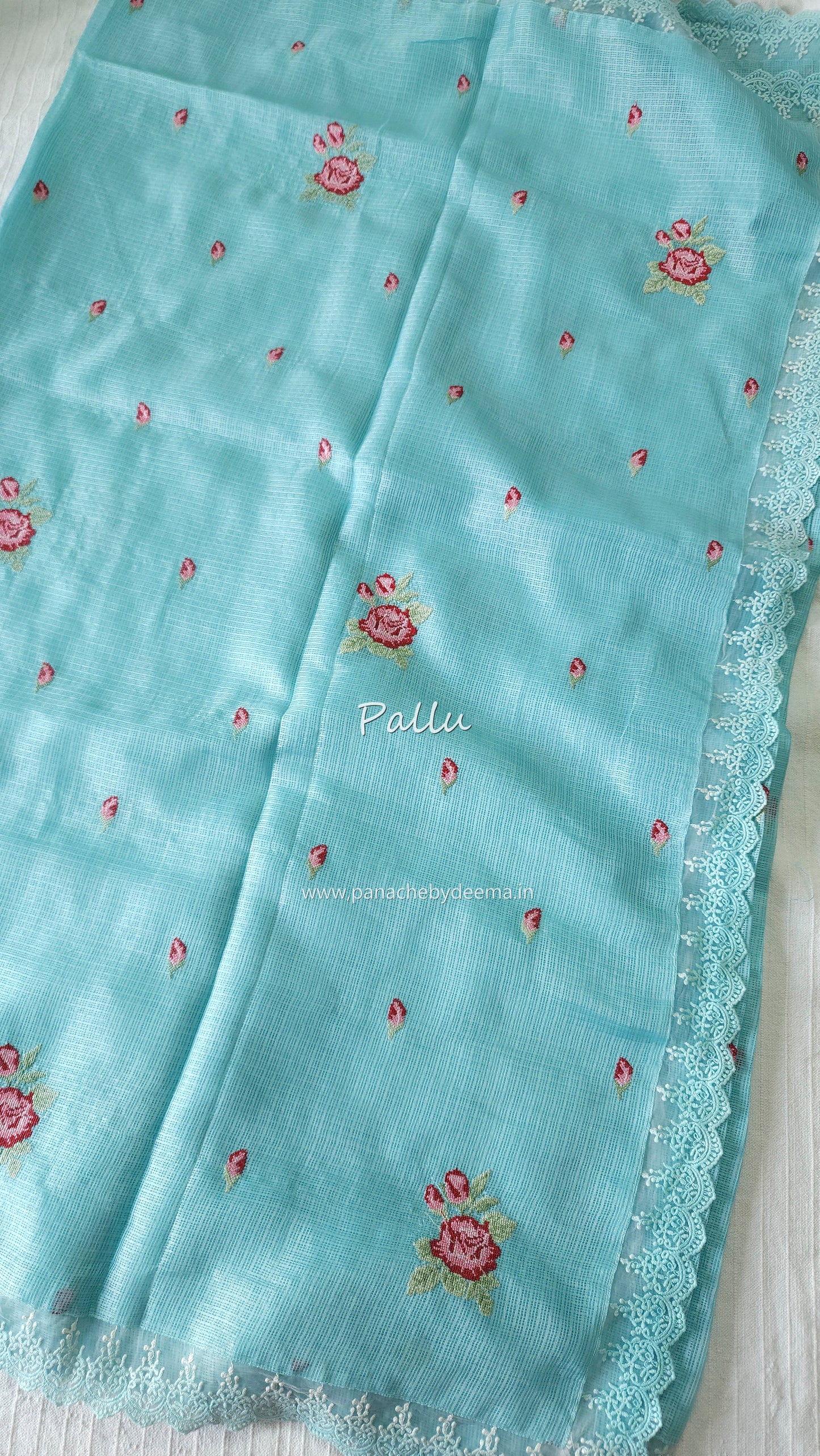 Silky Kota saree with cross stitch embroidery and lace detailed borders|Ice blue|SL3