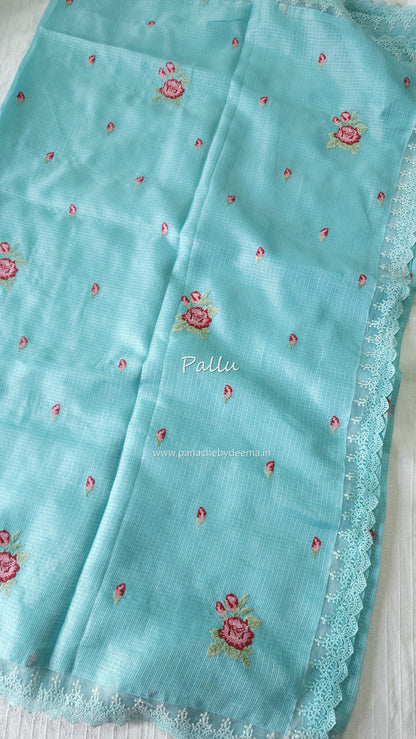 Silky Kota saree with cross stitch embroidery and lace detailed borders|Ice blue|SL3