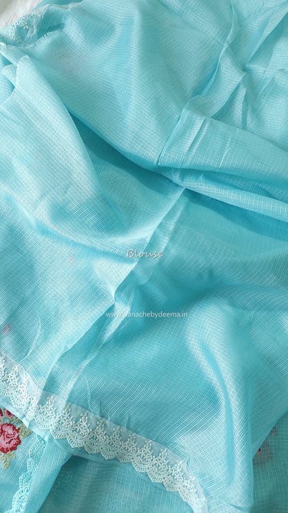 Silky Kota saree with cross stitch embroidery and lace detailed borders|Ice blue|SL3
