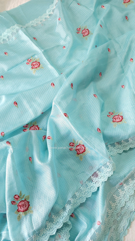 Silky Kota saree with cross stitch embroidery and lace detailed borders|Ice blue|SL3